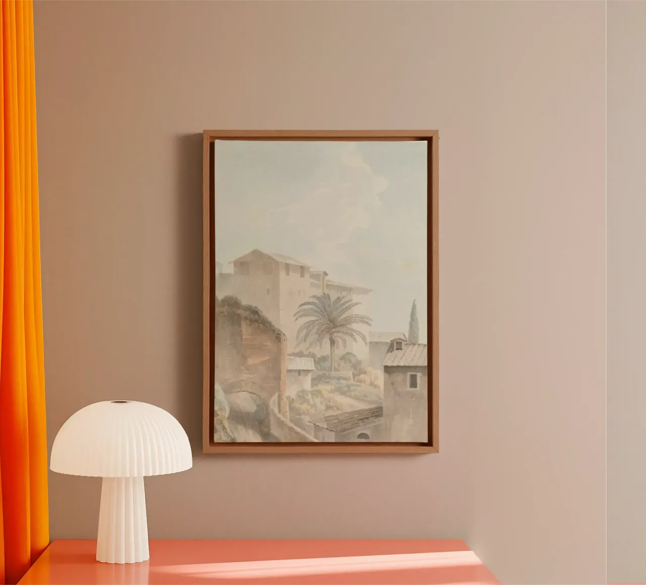 Mediterranean Hillside: Palm Tree & Historic Architecture canvas with Floater frame by ClubArt