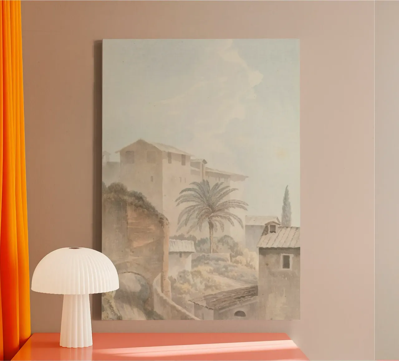 Mediterranean Hillside: Palm Tree & Historic Architecture canvas with Floater frame by ClubArt