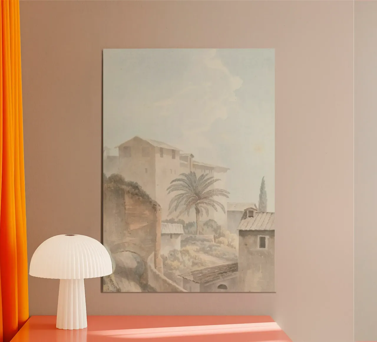 Mediterranean Hillside: Palm Tree & Historic Architecture poster by ClubArt