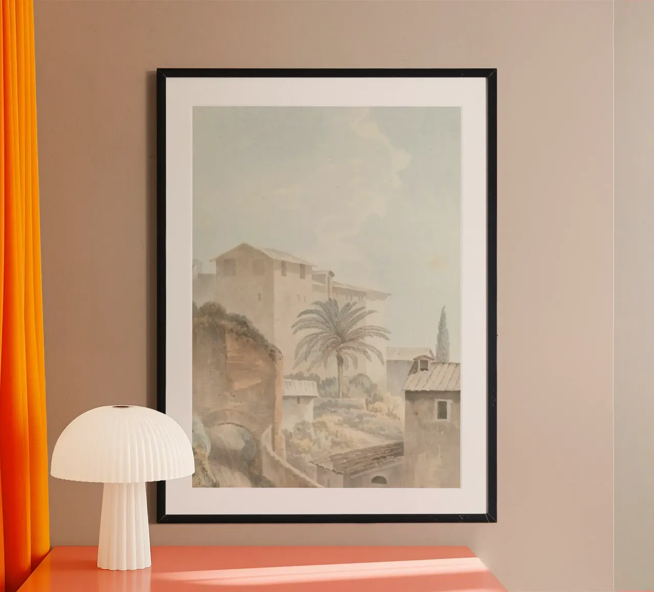 Mediterranean Hillside: Palm Tree & Historic Architecture poster by ClubArt