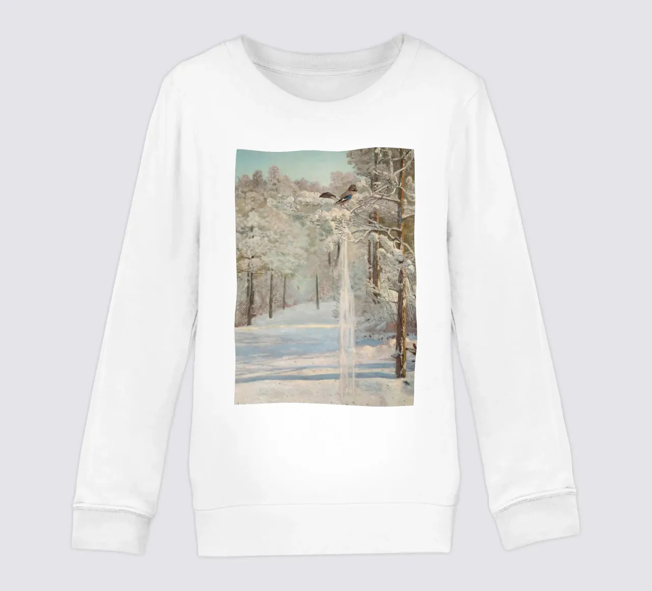 Winterwald: Eichelhäher auf verschneitem Kiefernzweig Gemälde Kinder Sweatshirt von ClubArt