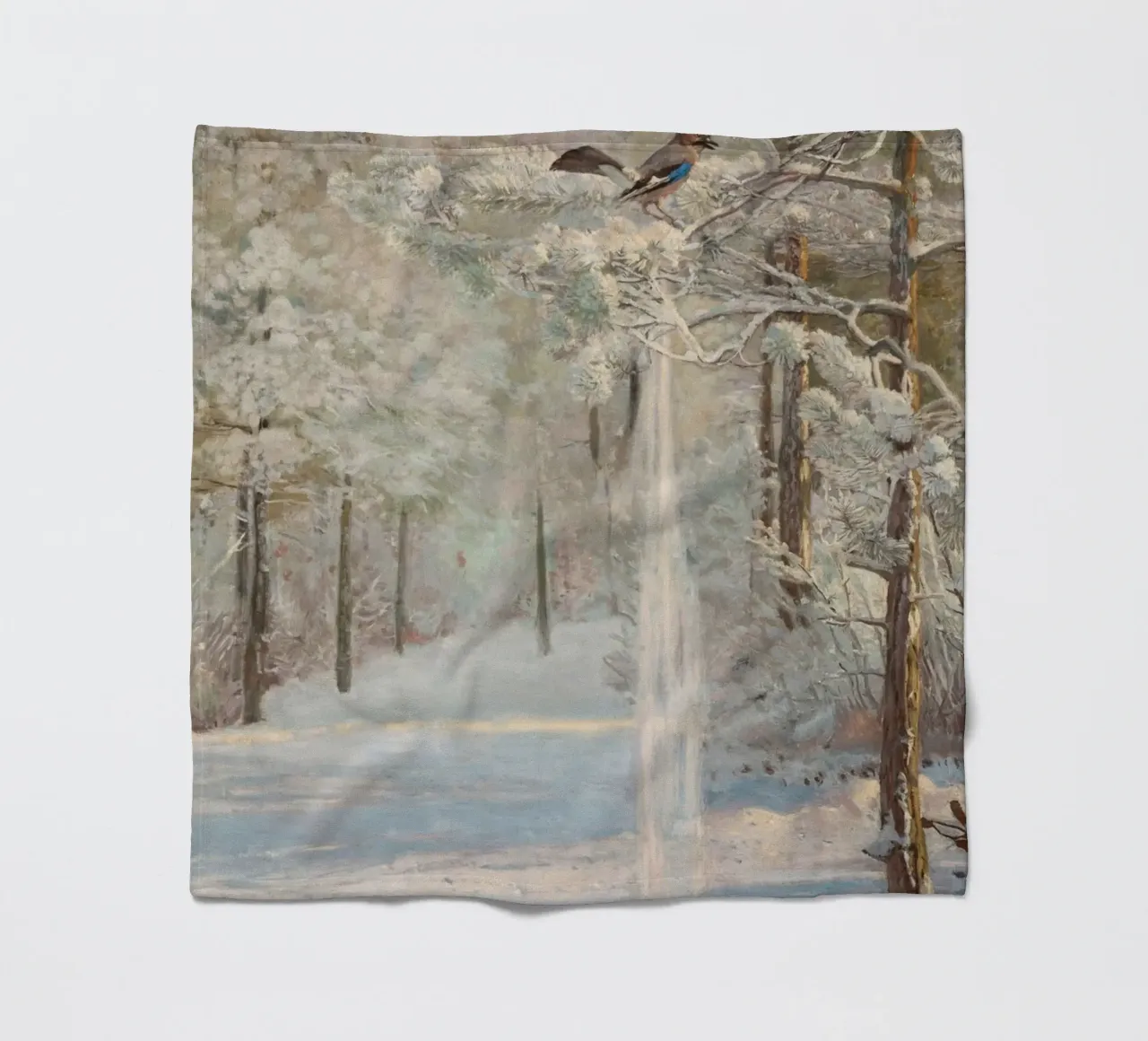Winterwald: Eichelhäher auf verschneitem Kiefernzweig Gemälde Fleecedecke von ClubArt