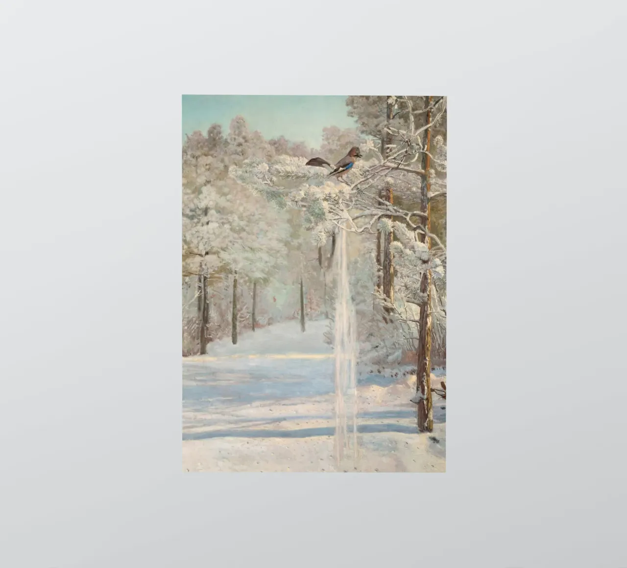 Winterwald: Eichelhäher auf verschneitem Kiefernzweig Gemälde Sticker von ClubArt