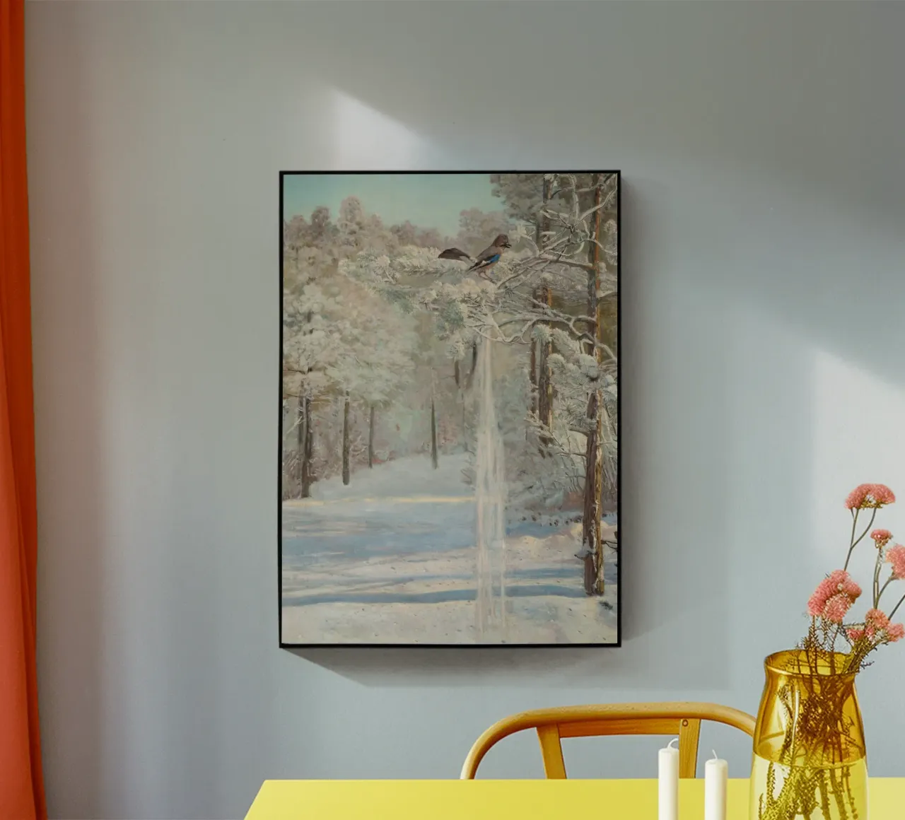 Winterwald: Eichelhäher auf verschneitem Kiefernzweig Gemälde Acryl-Glas von ClubArt