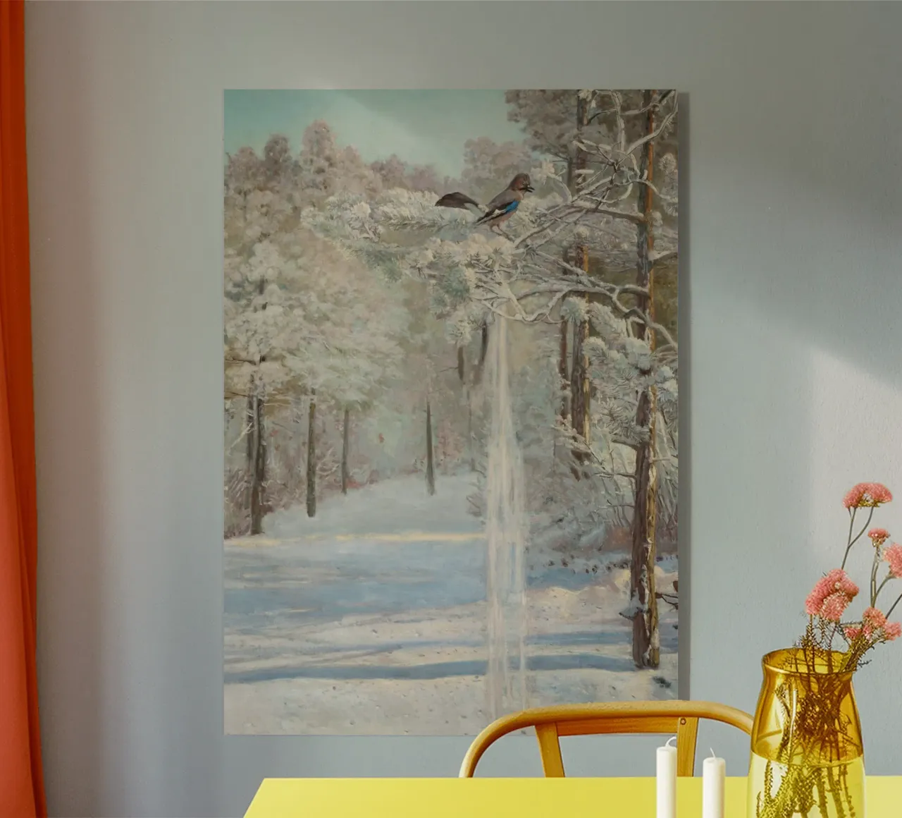 Winterwald: Eichelhäher auf verschneitem Kiefernzweig Gemälde Acryl-Glas von ClubArt