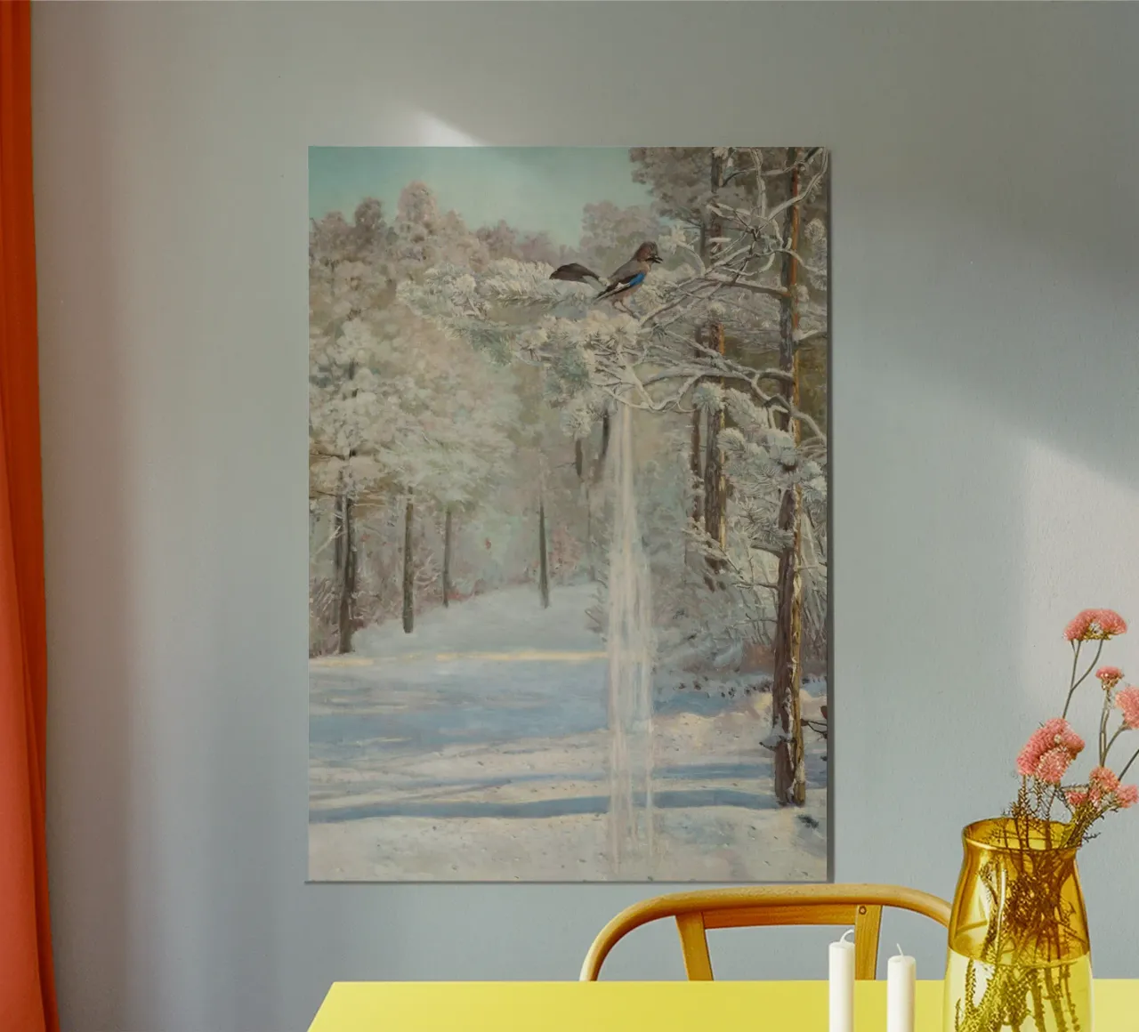 Winterwald: Eichelhäher auf verschneitem Kiefernzweig Gemälde Hahnemühle von ClubArt