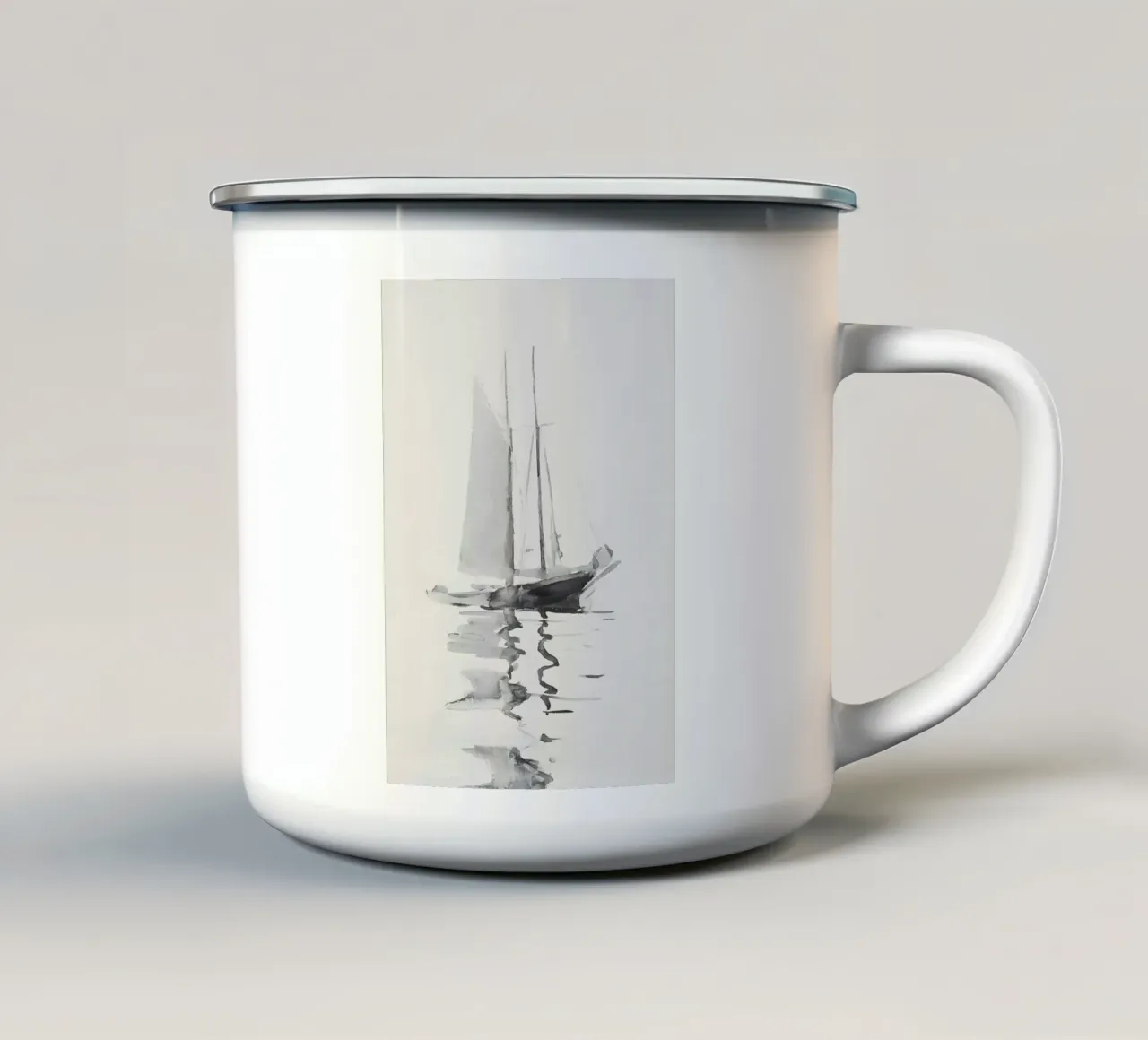 Minimalistisch zeegezicht: Monochrome Zeilboot Reflectie emaille mok van ClubArt