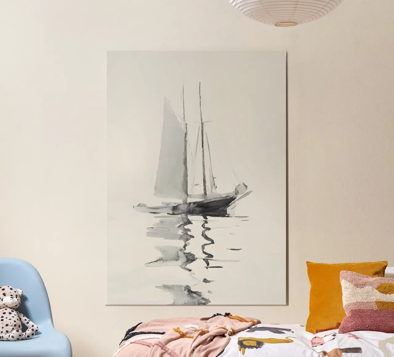 Minimalistisch zeegezicht: Monochrome Zeilboot Reflectie hahnemühle van ClubArt