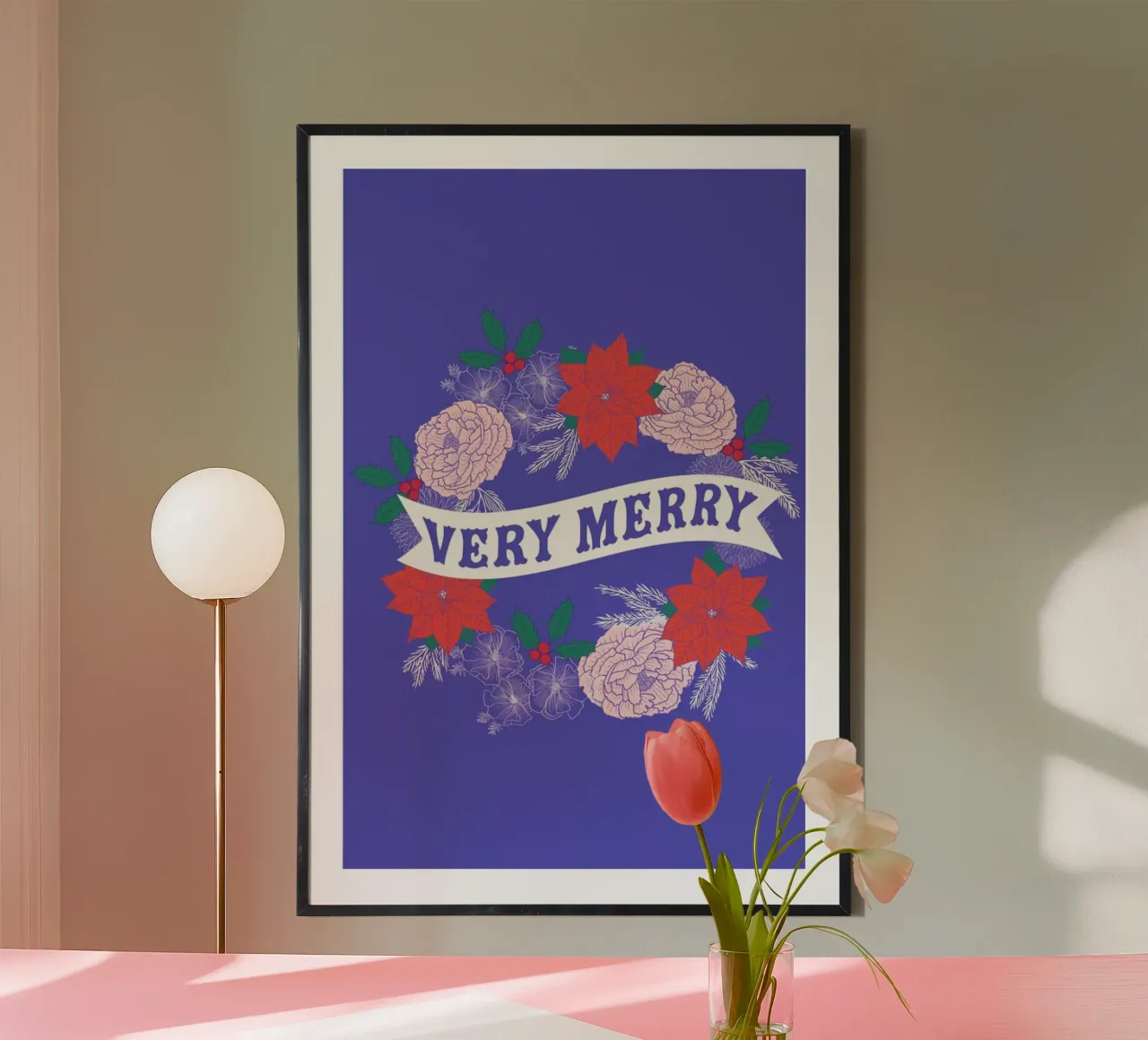 Very Merry poster con telaio in legno da cafelab