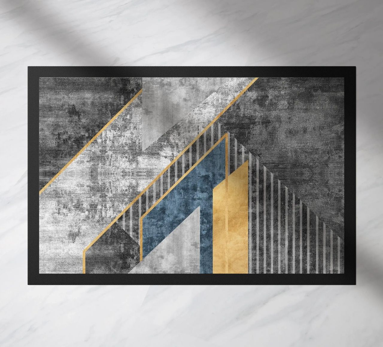 blue and black abstract art with lines doormat by vintageshop
