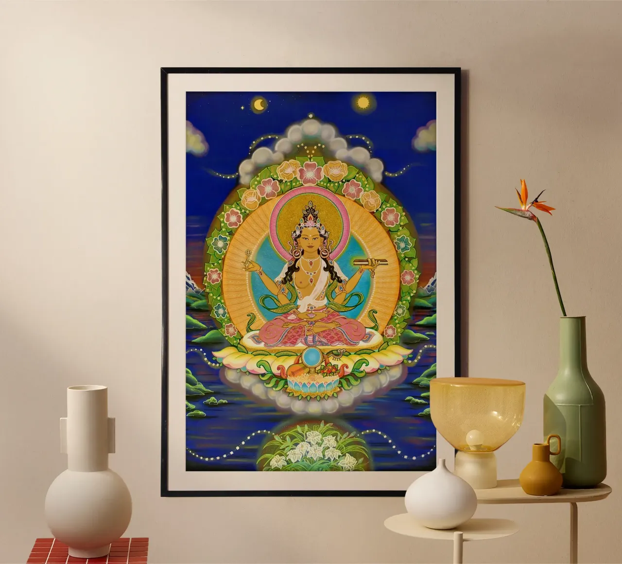 Prajnaparamita, Buddha femminile della saggezza, thangka poster con telaio in legno da Happy 😃 Art 🎨 by Christine Schnoell