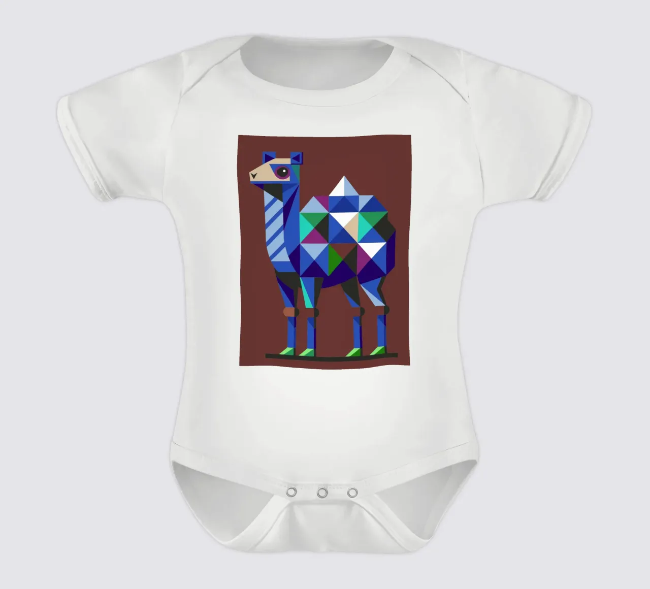 camel geometrics ilustration short-sleeve baby romper by nemaro