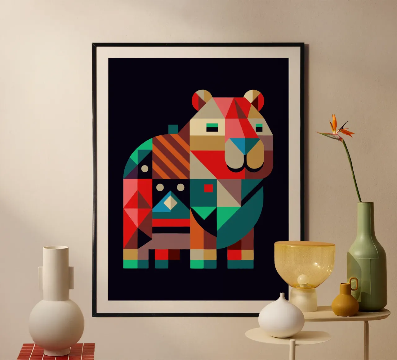 ilustrazione geometrica del capibara poster con telaio in legno da nemaro