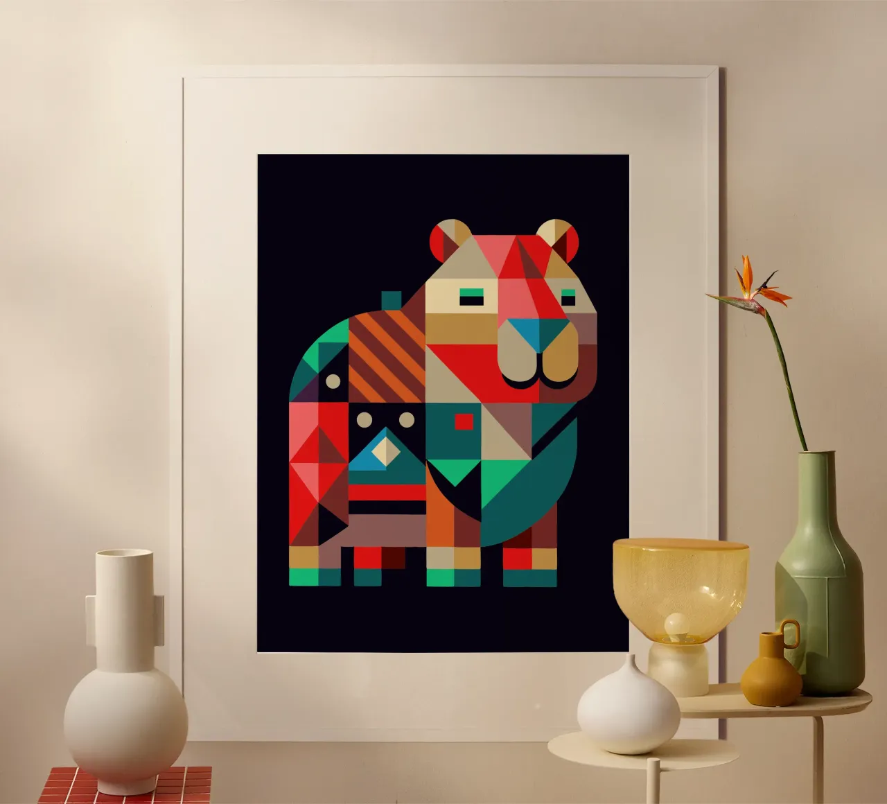 ilustrazione geometrica del capibara poster con telaio in legno da nemaro