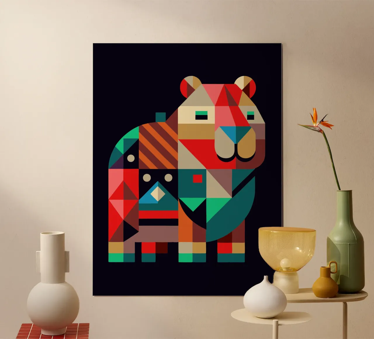 ilustrazione geometrica del capibara poster con telaio in legno da nemaro