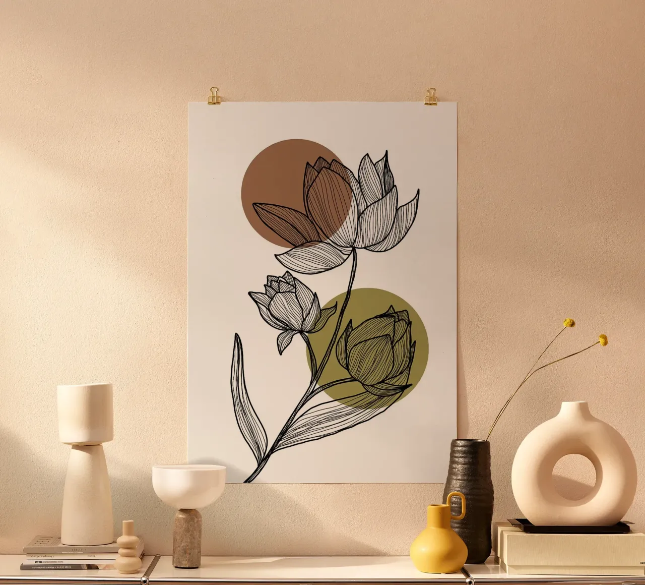 Line art di fiori di loto con cerchi poster con telaio in plastica da FlowersShop