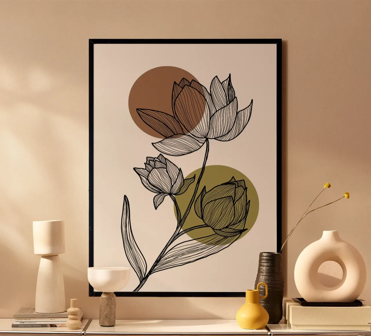 Line art di fiori di loto con cerchi poster con telaio in plastica da FlowersShop