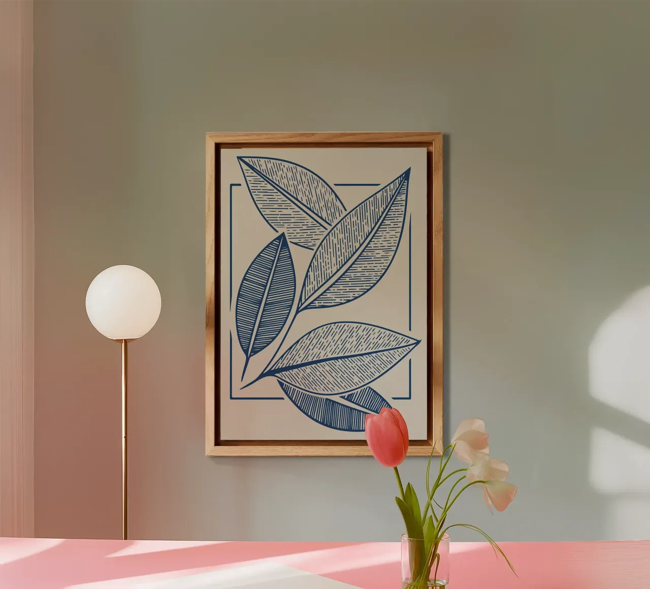 Arte moderna della linea di foglie botaniche in blu navy alluminio dibond da FlowersShop