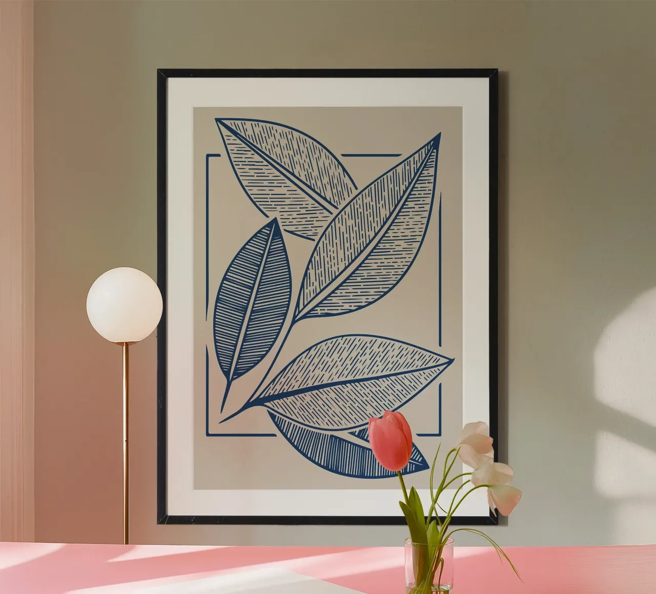 Arte moderna della linea di foglie botaniche in blu navy carta hahnemühle da FlowersShop