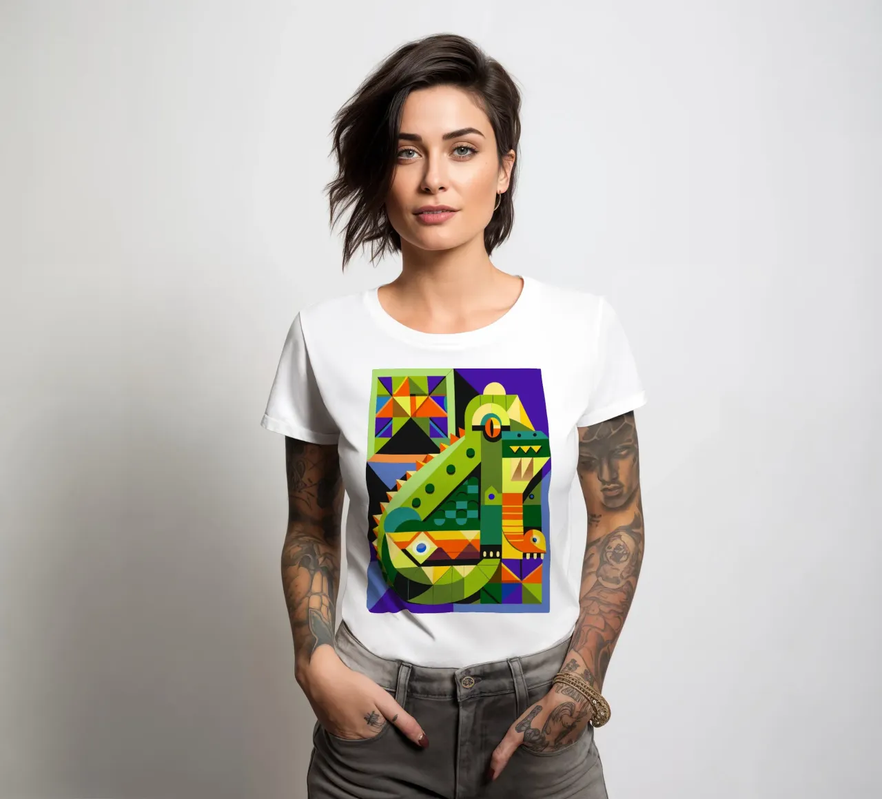 crocodile ligne géométrique ilustration t-shirt ajusté pour femmes de nemaro