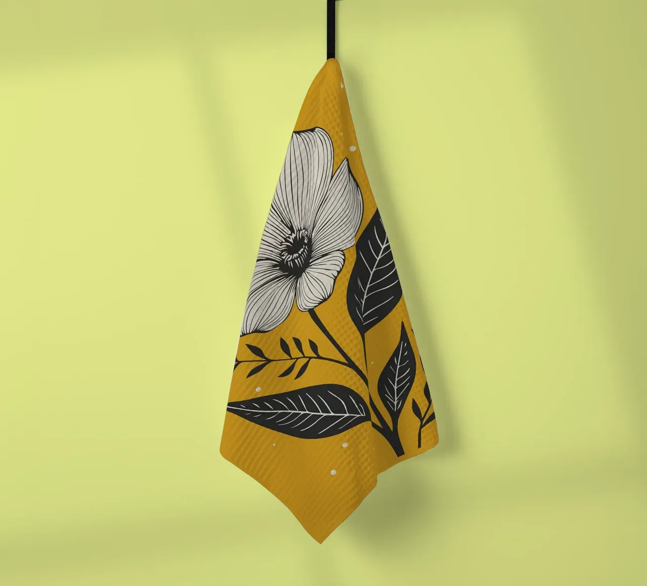 Dessin au trait botanique audacieux sur jaune moutarde 1 torchon de FlowersShop