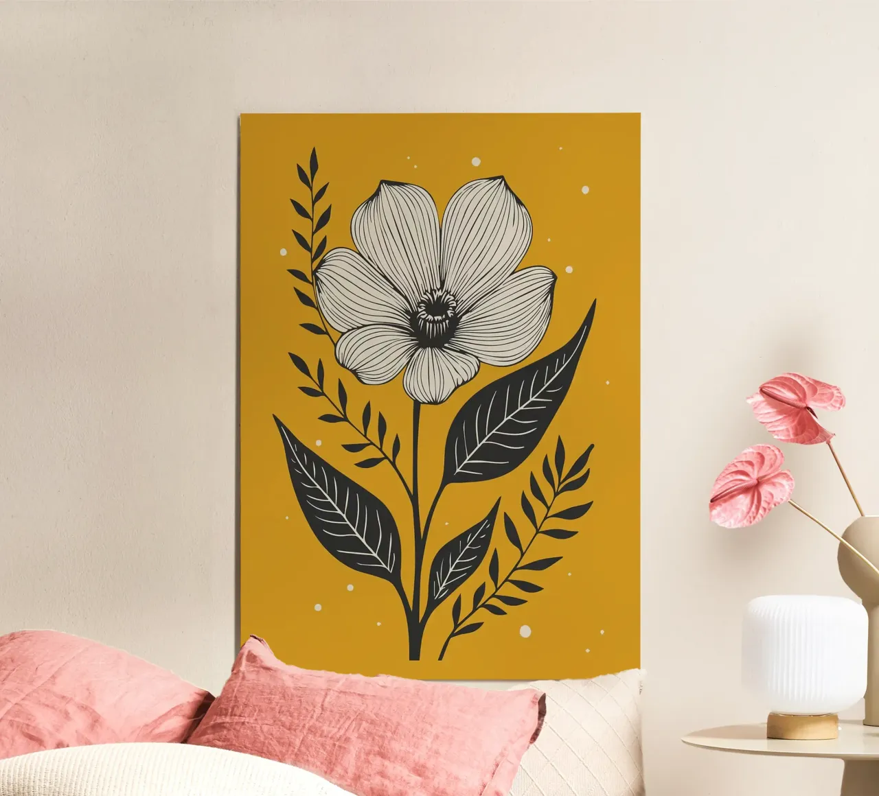 Dessin au trait botanique audacieux sur jaune moutarde 1 alu dibond de FlowersShop