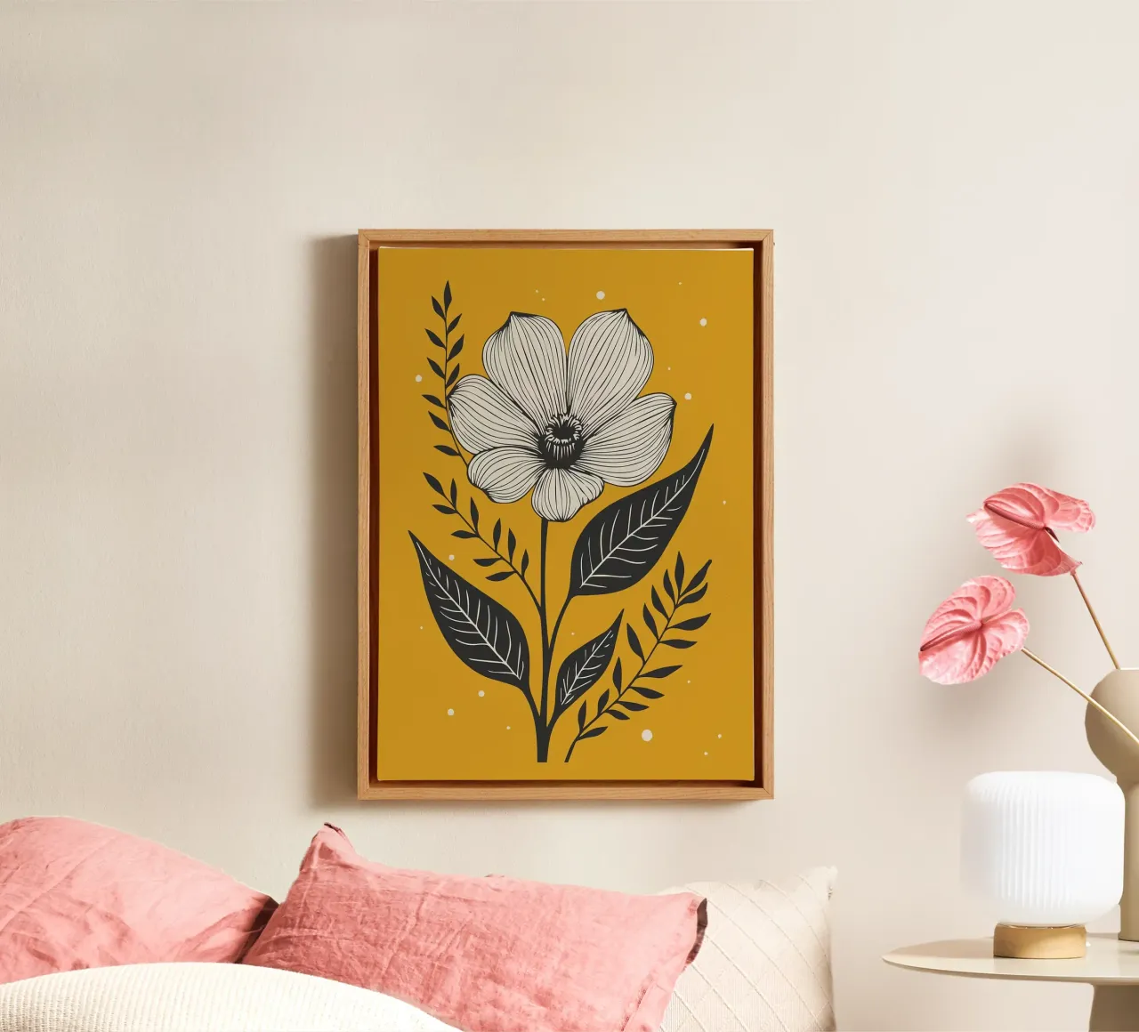Dessin au trait botanique audacieux sur jaune moutarde 1 toile avec Caisse américaine de FlowersShop