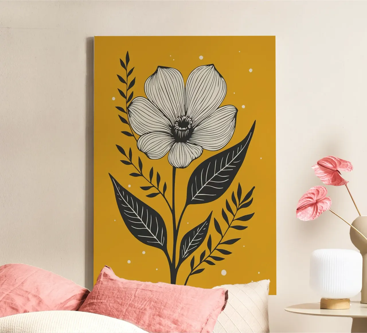 Dessin au trait botanique audacieux sur jaune moutarde 1 toile avec Caisse américaine de FlowersShop