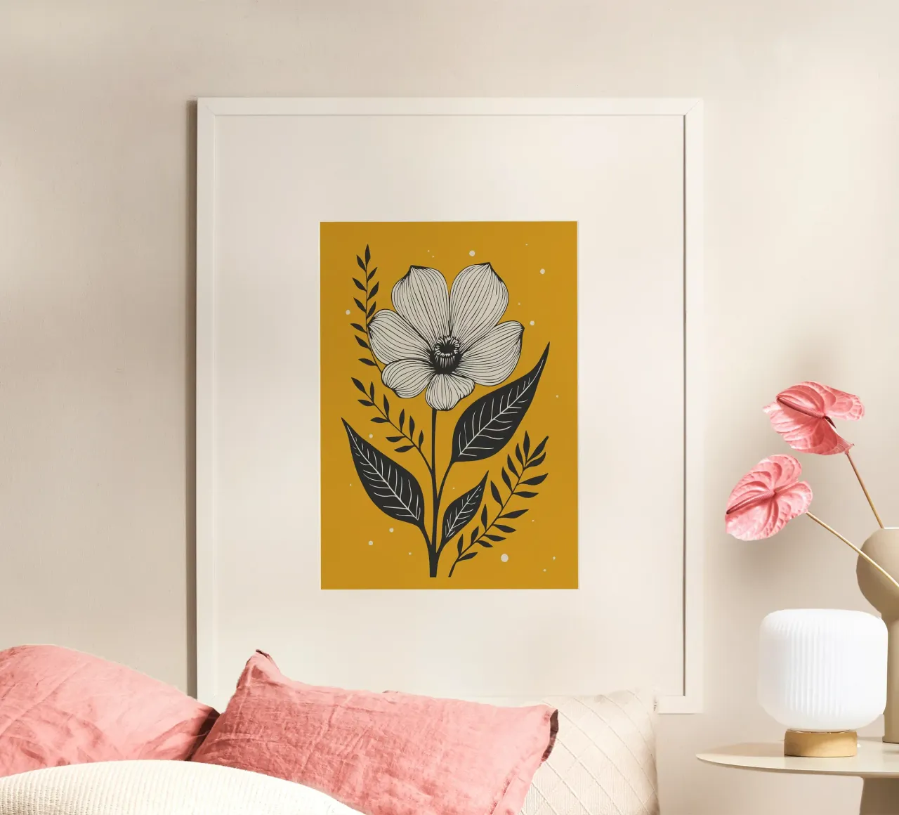 Dessin au trait botanique audacieux sur jaune moutarde 1 hahnemühle de FlowersShop