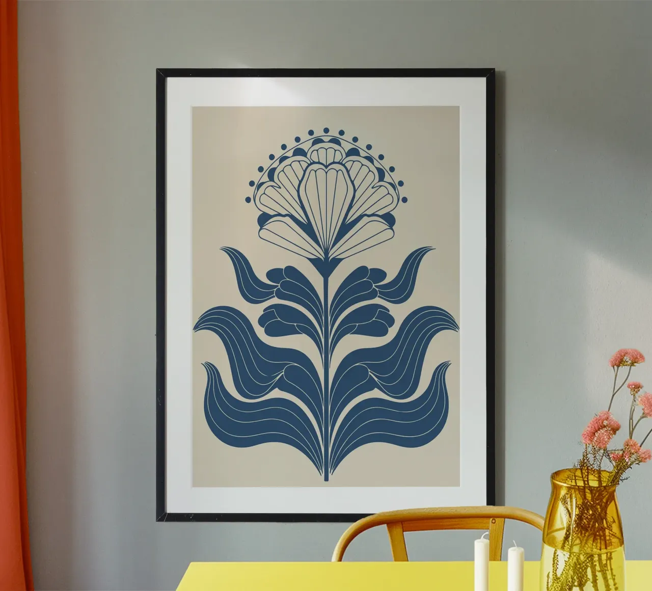Stampa folkloristica floreale monocromatica blu poster con telaio in legno da FlowersShop