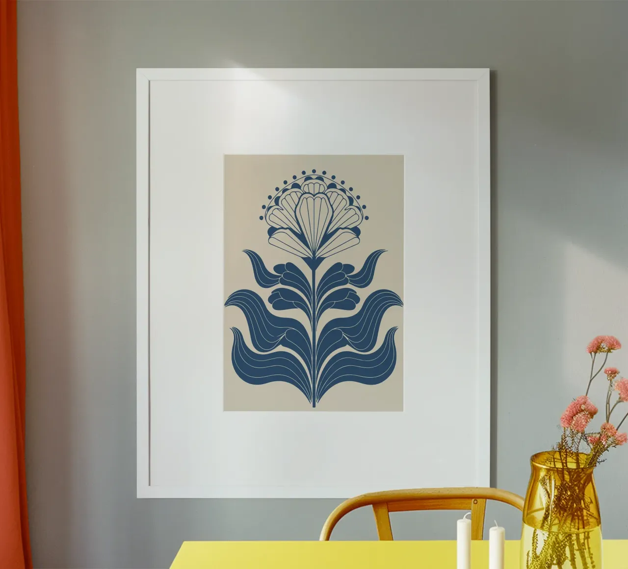 Stampa folkloristica floreale monocromatica blu poster con telaio in legno da FlowersShop