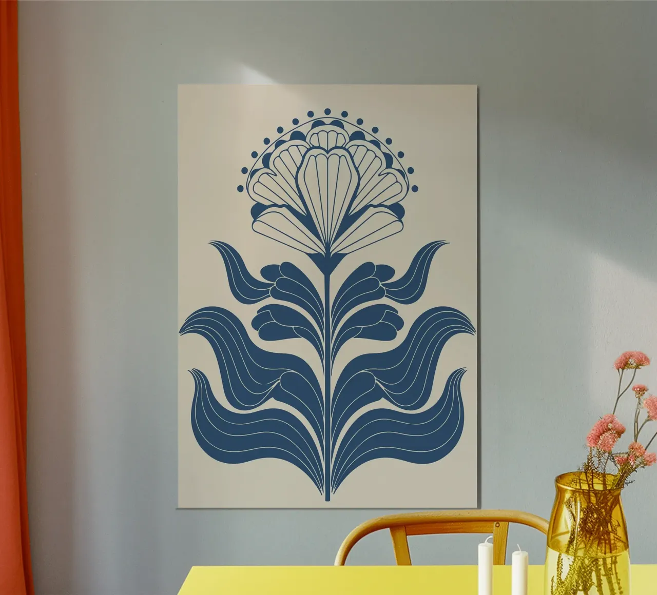 Stampa folkloristica floreale monocromatica blu poster con telaio in legno da FlowersShop