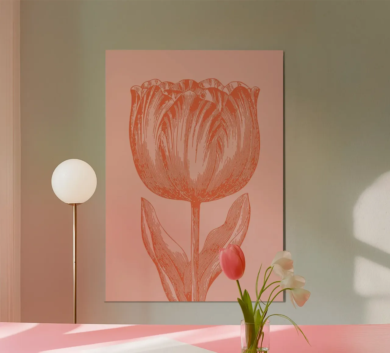 Elegante linea d'arte Tulipano Corallo Rosa Floreale Botanico poster con telaio in plastica da FlowersShop