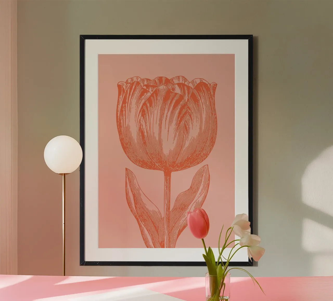 Elegante linea d'arte Tulipano Corallo Rosa Floreale Botanico poster con telaio in plastica da FlowersShop