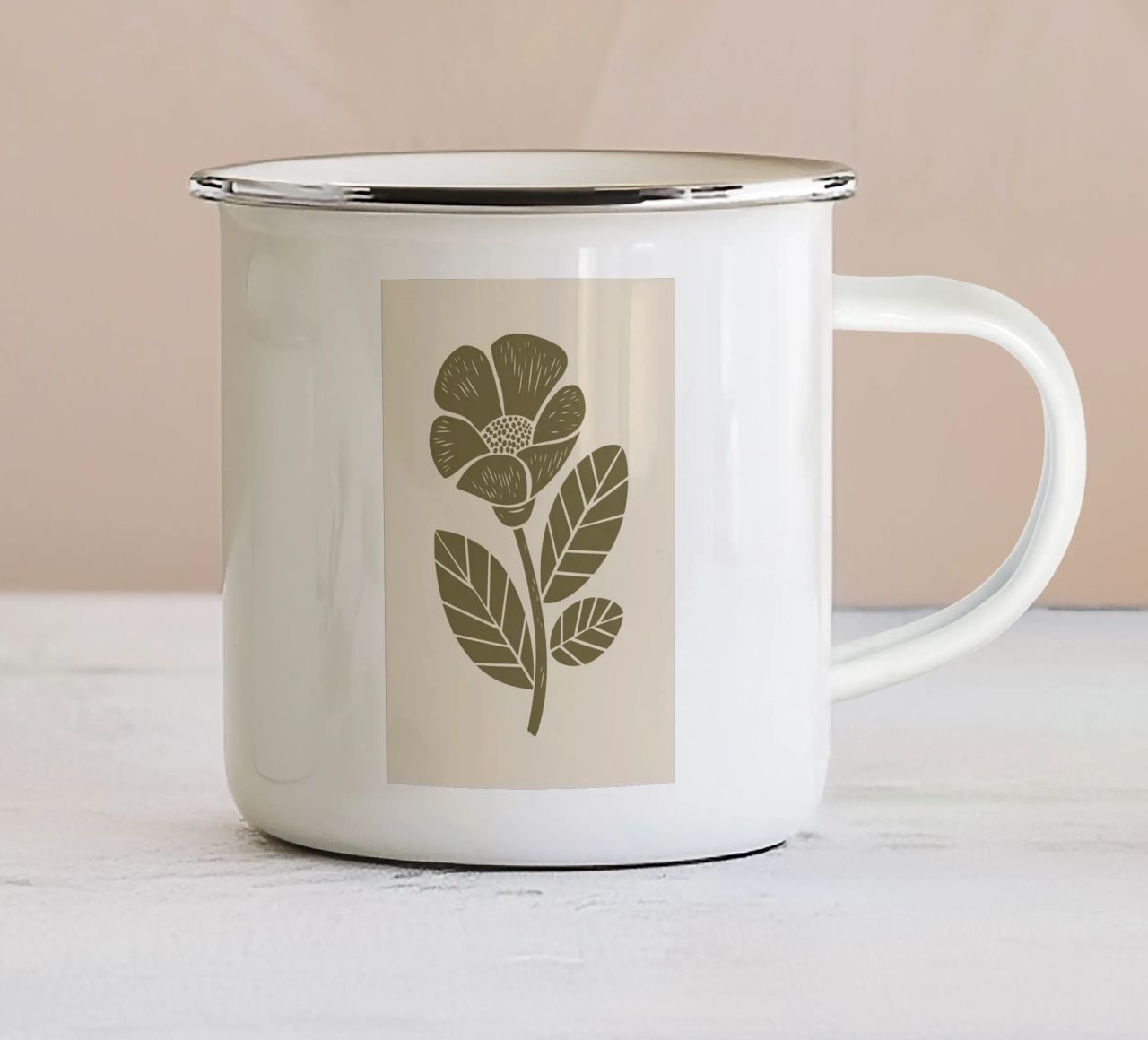 Verde oliva Fiore rustico Illustrazione Linocut tazza in smalto da FlowersShop
