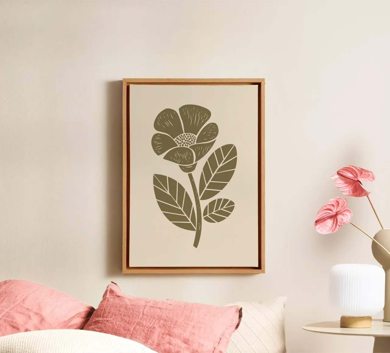 Verde oliva Fiore rustico Illustrazione Linocut tela con Cornice a cassetta da FlowersShop