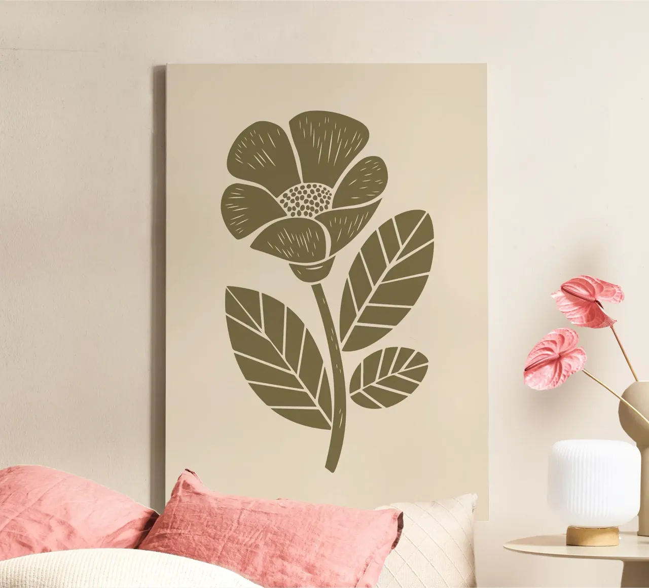 Verde oliva Fiore rustico Illustrazione Linocut tela con Cornice a cassetta da FlowersShop