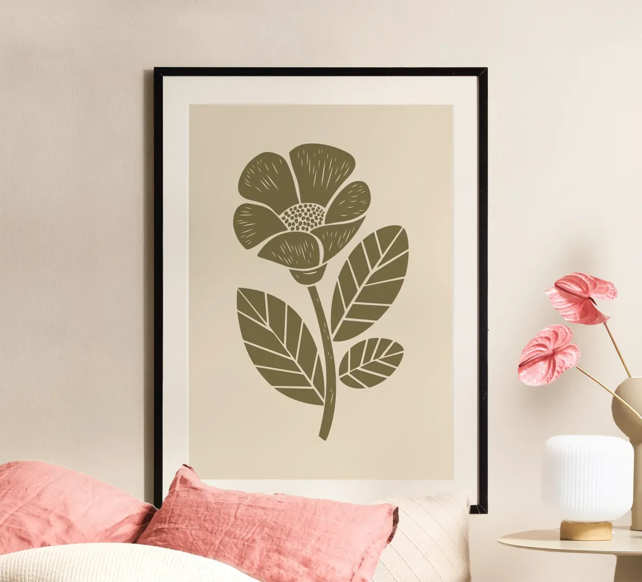 Verde oliva Fiore rustico Illustrazione Linocut poster con telaio in plastica da FlowersShop