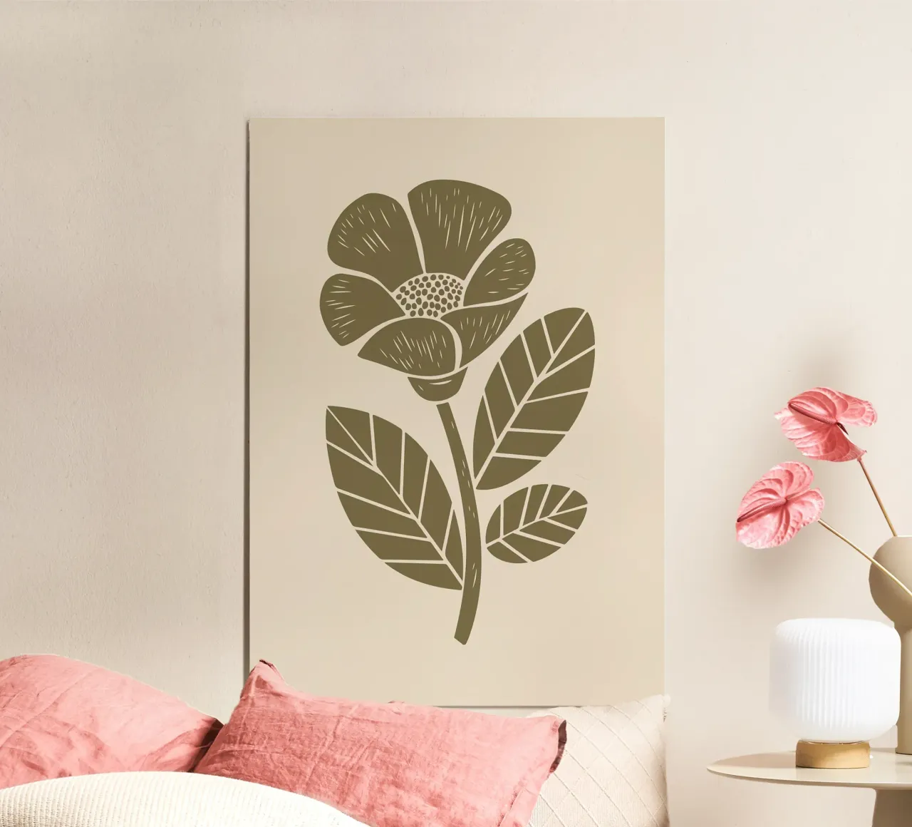 Verde oliva Fiore rustico Illustrazione Linocut poster con telaio in plastica da FlowersShop