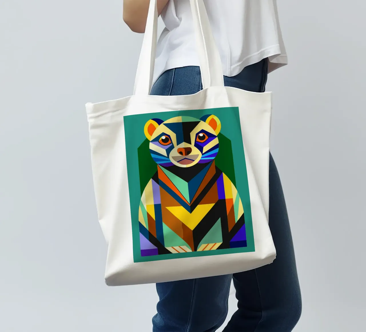 ilustrazione geometrica del furetto borsa in juta da nemaro