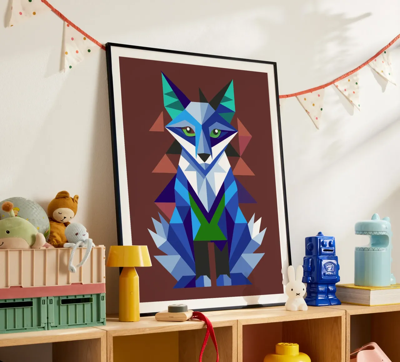 ilustrazione geometrica della volpe poster con telaio in legno da nemaro