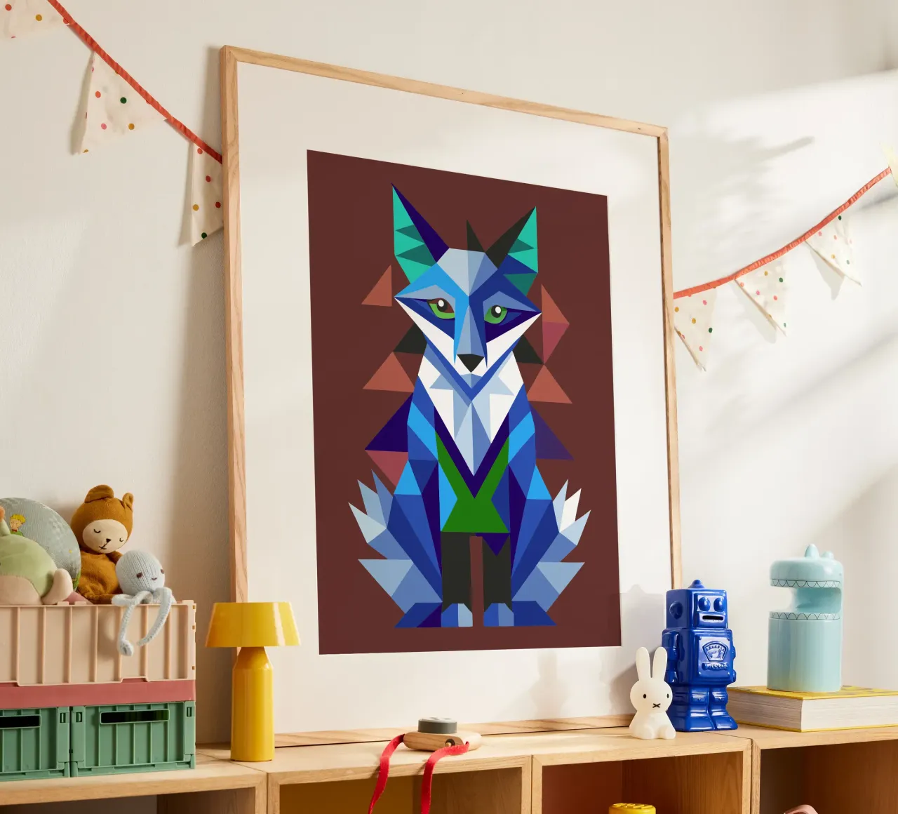ilustrazione geometrica della volpe poster con telaio in legno da nemaro