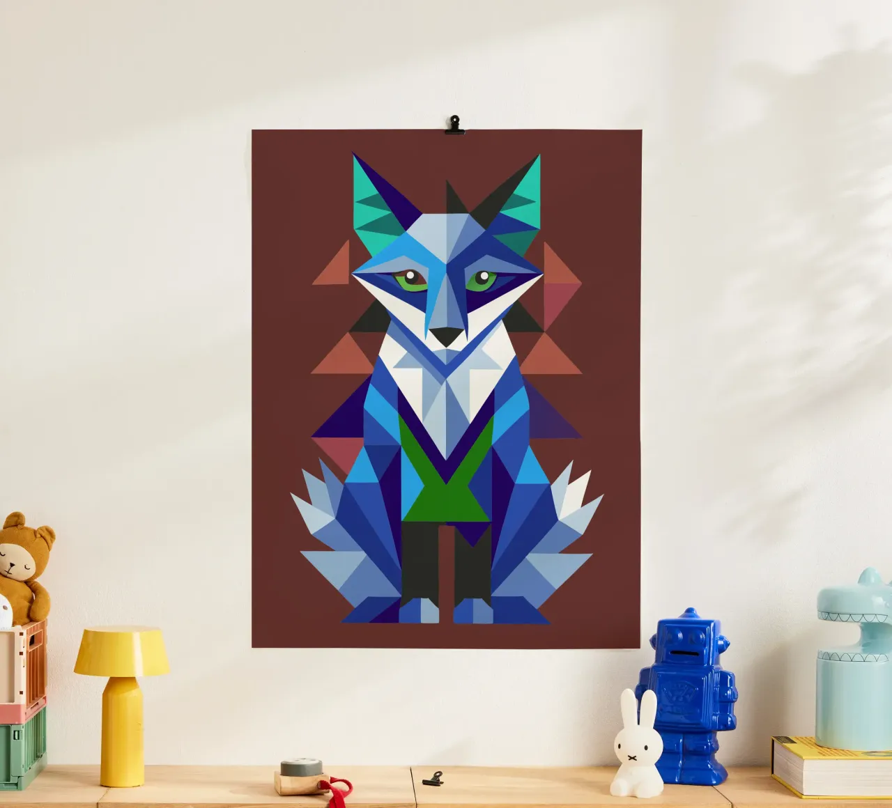 ilustrazione geometrica della volpe poster con telaio in legno da nemaro
