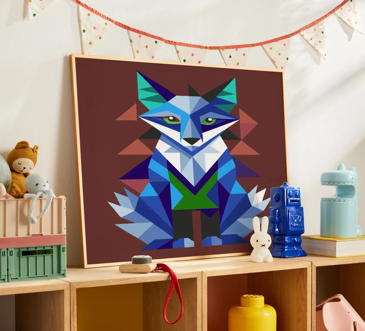 ilustrazione geometrica della volpe poster con telaio in legno da nemaro