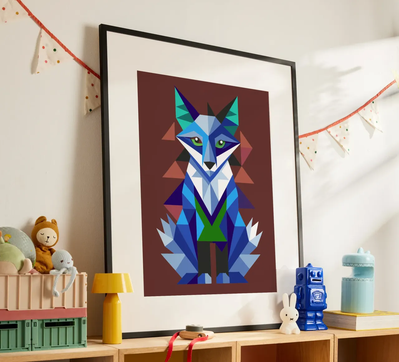 ilustrazione geometrica della volpe poster con telaio in legno da nemaro