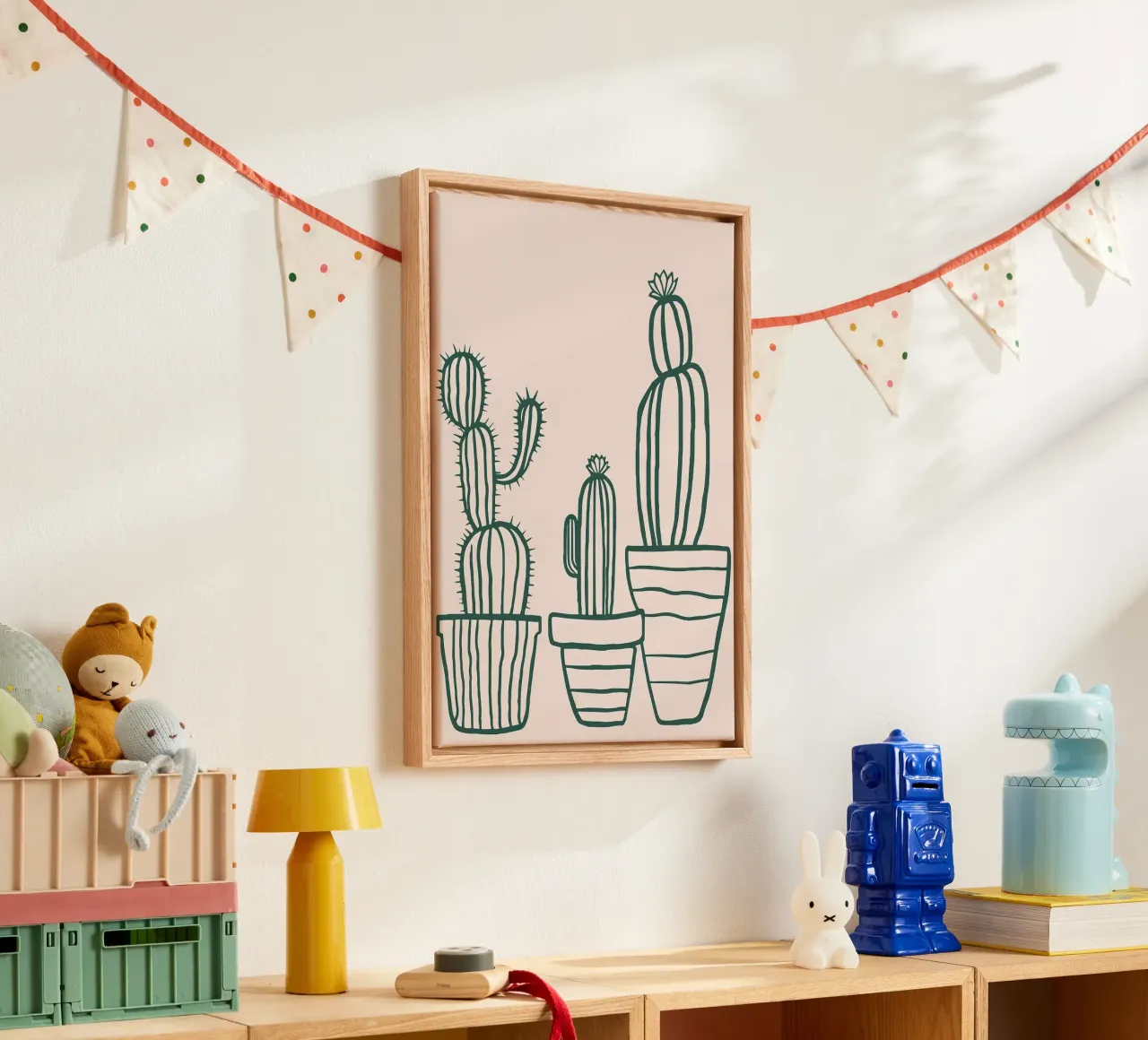 Minimalistische getopfte Kaktus-Linienkunst - Boho-Wüstenästhetik Leinwand mit Schattenfugenrahmen von MinimalistDesign