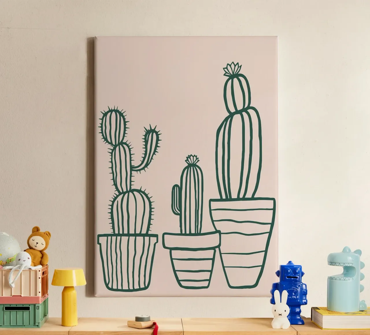 Minimalistische getopfte Kaktus-Linienkunst - Boho-Wüstenästhetik Leinwand mit Schattenfugenrahmen von MinimalistDesign