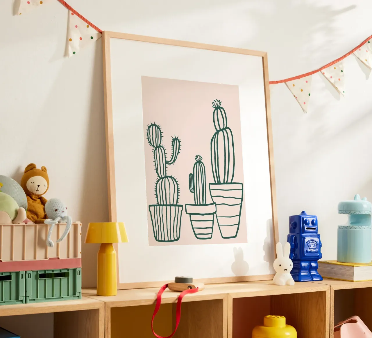 Linea d'arte minimalista con cactus in vaso - Estetica del deserto Boho poster con telaio in legno da MinimalistDesign
