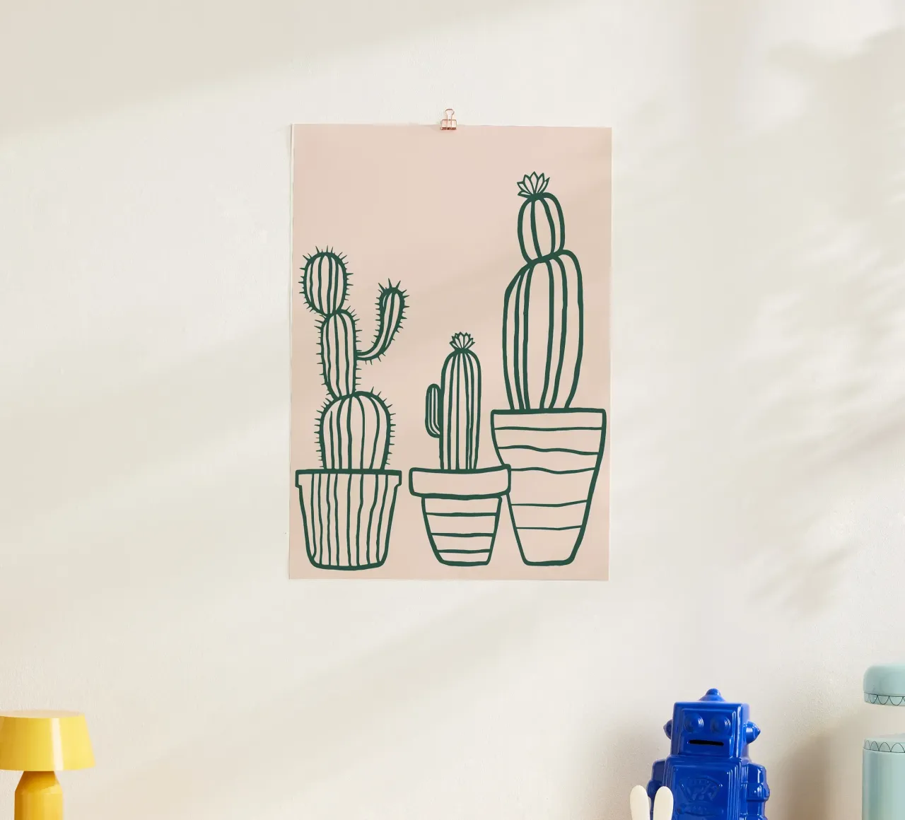 Linea d'arte minimalista con cactus in vaso - Estetica del deserto Boho poster con telaio in legno da MinimalistDesign