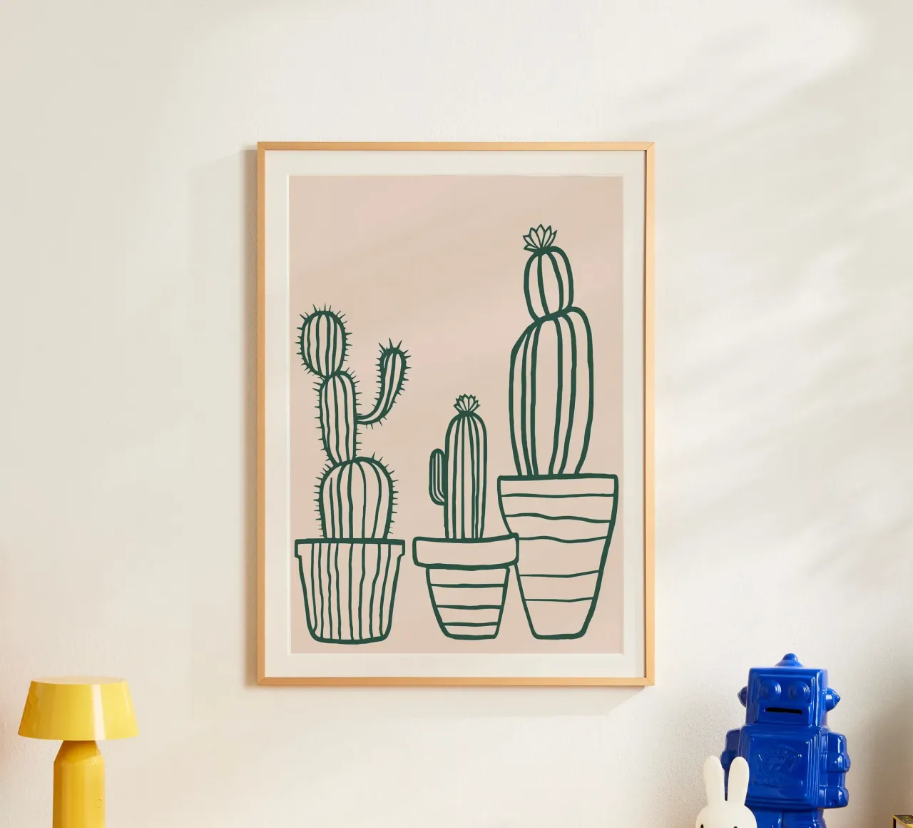 Linea d'arte minimalista con cactus in vaso - Estetica del deserto Boho poster con telaio in legno da MinimalistDesign